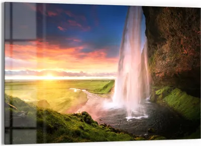Produktbild von DEQORI Glasbild Echtglas 90x60 cm 'Seljalandsfoss Wasserfall' Wandbild Bild modern Deko