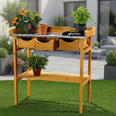 Produktbild von Gärtnertisch Holz mit Schublade und Ablageboden Pflanztisch Garten