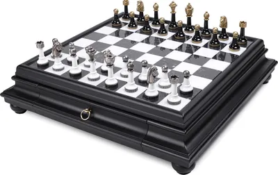 Produktbild von Italienische Schachfiguren Metall/Buche + Schachbrett Marmor/Holz Schwarz 46