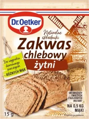 A package of Dr. Oetker rye sourdough starter for home baking, with an image of bread and wheat.