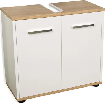 A white bathroom vanity cabinet with a wood-effect top and two doors, featuring chrome handles. The cabinet has a cutout at the top for a sink.