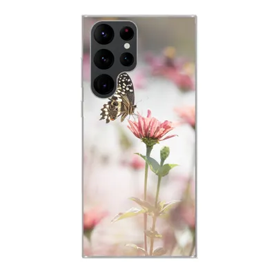 Produktbild von MuchoWow® Handyhülle Schutzhülle Hülle für Samsung Galaxy S22 Ultra Schmetterling - Blume - Rosa Silikon Softcase Handy Hülle - Abbildung