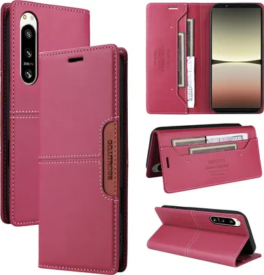 Image de Etui pour Sony Xperia 5 IV, étui portefeuille en cuir avec fente pour cartes et support Rouge