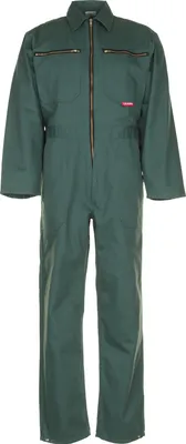 A full-body shot of a green jumpsuit against a white background.