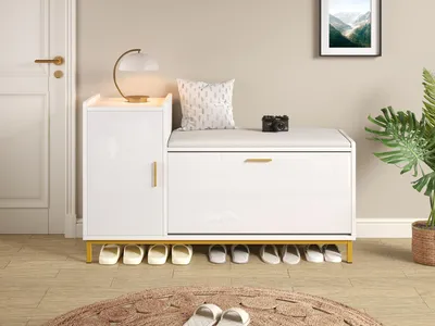 Imagen del producto de Zapatero con banco acolchado, dimensiones 100x38x68 cm, frente de alto brillo en blanco, patas de metal doradas y 2 estantes para zapatos, ideal para el recibidor