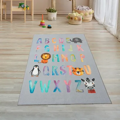 Image de Tapis pour enfants avec lettres de l'alphabet aux couleurs vives, gris, dimensions : 80 x 150 cm