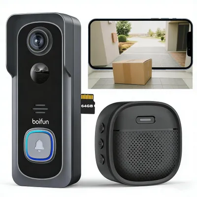 Image de Sonnette vidéo BOIFUN avec caméra fisheye 180°, sonnette vidéo Wi-Fi 2K 3 MP, détection de mouvement par IA, étanche IP65, paramètres de confidentialité
