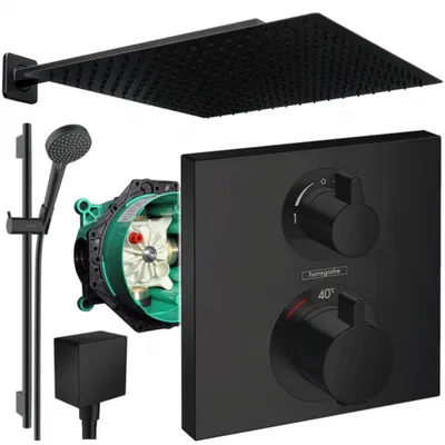 Produktbild von Hansgrohe und Jowi Unterputz Duschsystem Ecostat Square Thermostat, Schwarz, Duscharmatur mit 360mm Kopfbrause, 650mm Brausestange