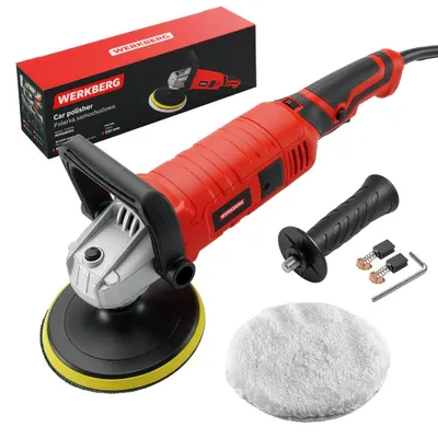 Zdjęcie produktu dla Polerka samochodowa szlifierka maszyna polerska Werkberg POLKQ101 szczotkowa z regulacją obrotów 1050W 230V zestaw padów