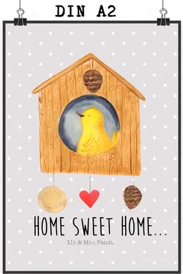 Produktbild von Mr. & Mrs. Panda Bild Vogelhaus Home DIN A2 - Grau Pastell - Geschenk, Hausbau, Einzug, Plakat, Umzug, Vogel, kunstdruck poster, Haus, Design, drucke, Lustige Sprüche