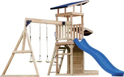 Immagine prodotto di AXI Malik Giochi di legno per Giardino con 2 Altalene, Tavolo da picnic/ Casette in Legno Bimbi con altalene/sabbiera/muro di arrampicata/scivolo blu | Casetta Bimbi Giardino