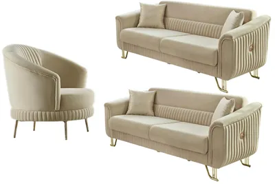 Produktbild von Villa Möbel Sofa Set Vega Creme Stellvariante:3+2+1 Relax- und Bettfunktion, pflegeleichter Mikrofaser Samtstoff