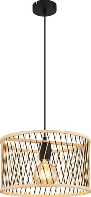 Produktbild von NOWA Hängeleuchte Metall schwarz matt, Bambus naturfarben, schwarz matt, Kabel PVC schwarz, Höhe kürzbar, ø: 350mm, H: 1500mm, exkl. 1x E27 LED 20W 230V