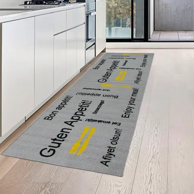 Image de Tapis de cuisine gris avec dos en gel et inscription noire et jaune Taille - 80 x 300 cm