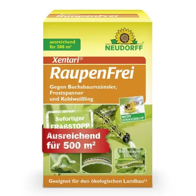 Produktbild von Neudorff Xentari Raupenfrei Spritzmittel gegen Buchsbaumzünsler, Frostspanner, Kohlweißlinge, Traubenwickler, Eulenarten Gespinstmotten 25g 500 m²