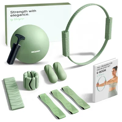 Produktbild von Premium Pilates Komplett-Set mit Ball, Ring, Hanteln, Gewichtsmanschetten, Bändern & E-Book