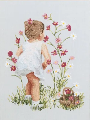 Productafbeelding van Janlynn Kreuzstich borduurpakket "Meisje met kosmosbloemen", telpatroon, 30x40 cm