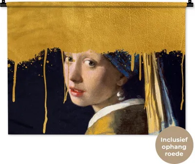 Produktbild von MuchoWow® Wandteppich Wandbehang Vermeer - Mädchen mit Perlenohrring - Gold 90x67.5 cm Tapisserie Dekoration Wandtuch - Fototeppich - Wand-Skulpturen