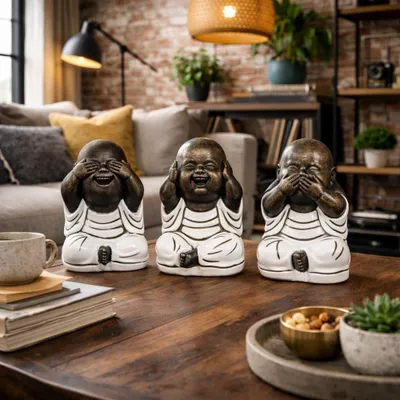 Produktbild von 3er Set SHAOLIN Figuren Weiß aus Zement Buddha Figur Dekoration