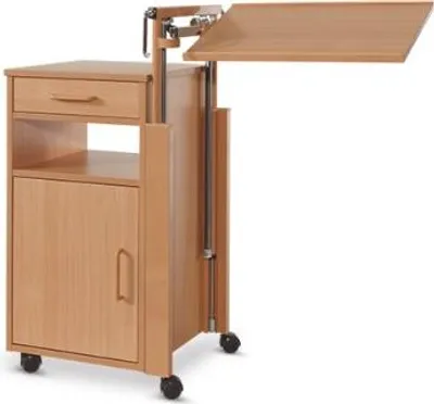 A wooden bedside table with a drawer, a cabinet, and an adjustable tray, shown against a white background.
