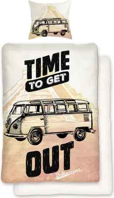 A bedding set featuring a vintage Volkswagen bus illustration and text.