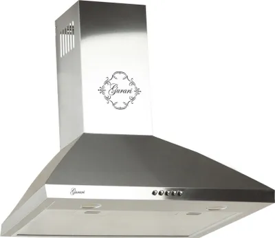 A stainless steel kitchen range hood against a white background.