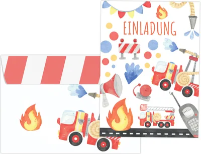 Produktbild von Feuerwehr Einladung, 12 Feuerwehr Einladungskarten Kindergeburtstag Junge Mädchen, A6 Einladungen mit Umschlag