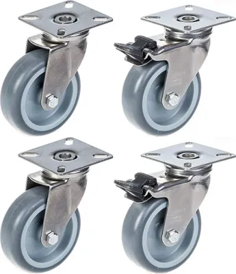 Zdjęcie produktu dla kółka 75 mm 3" ze stali nierdzewnej, szara guma, obrotowe z hamulcem, 240 kg, zestaw 4 szt
