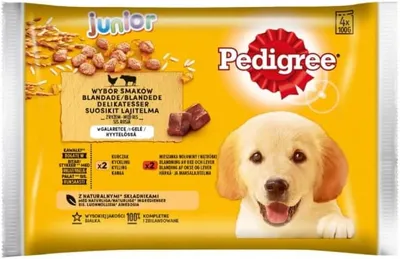 Produktbild von Pedigree Junior Choice of Flavours Nassfutter für Welpen Aller Rassen mit Rindfleisch und Reis in Gelee, Beutel 4x100g