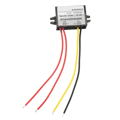 A black AC-DC converter module with red, yellow, and black wires attached, shown against a white background.