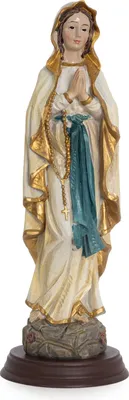 Zdjęcie produktu dla Figurka Matki Boskiej Moritz 21 cm - Ręcznie malowana figurka Matki Boskiej z różańcem i złotymi akcentami - Żywiczna figurka świętego na ołtarz i do pokoju modlitewnego