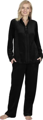 Produktbild von RAIKOU Damen Velours Freizeitanzug Hausanzug Sportanzug Freizeitanzug Jogginganzug Trainingsanzug 2 Teilig Oberteil und Hose Set Schwarz 44/46