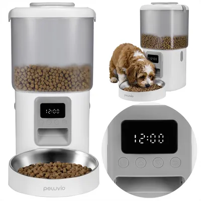 Obrázok produktu pre Automatický dávkovač krmiva pre psov Peluvio Crispy 4,5 l – automatický dávkovač krmiva s časovačom, LCD displejom, nerezovou misou, napájaním na batérie – biela farba