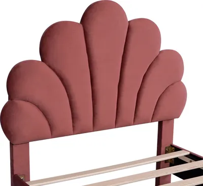 Image de Lit pour enfants et adolescents - Lit rembourré 140 x 200 cm - Tête de lit en forme de fleur - Revêtement en velours - Structure en bois - Sans espace de rangement - Rouge bordeaux
