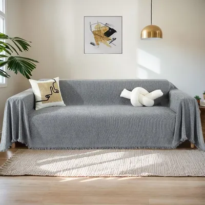 Produktbild von Sofa Überwurfdecke 1/2/3/4 Sitzer Chenille Sofa Überzug,Waschbar Sofabezug Baumwolle Sofaüberwurf mit Fransen,Sofadecke für 1-Sitzer, 180x340cm,Grau