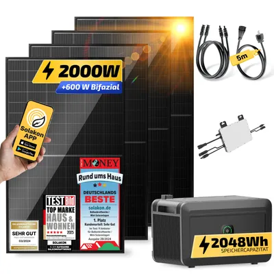Produktbild von Balkonkraftwerk mit Speicher, 2000W/800W Solaranlage Steckerfertig WIFI Komplettset Photovoltaik Anlage 800W, Kabellänge: 5m, Solakon
