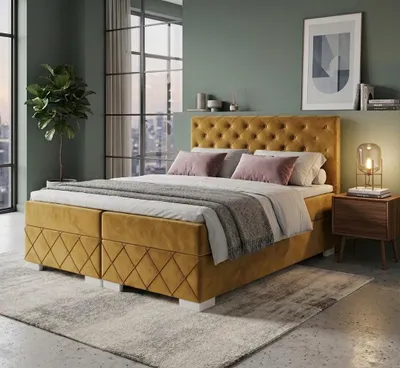 Produktbild von Boxspringbett CARMEN 140 cm x 200 cm Riviera 41  Gelb Bett mit zwei Bettkästen H3 Matratze,Komplett-Set mit Matratze und Topper, mit Kristallen