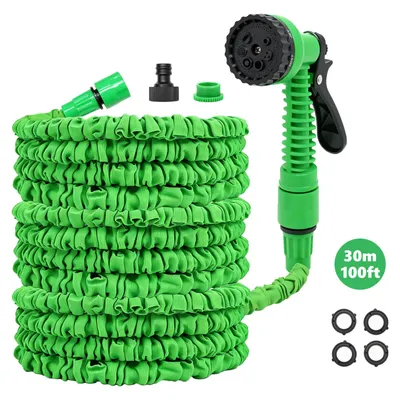 Produktbild von Flexibler Ausziehschlauch 10 Meter, Gartenschlauch mit 7 Sprühmodi, Doppelanschluss 1/2 Zoll / 3/4 Zoll, geeignet für Garten, Hof und Autoreinigung