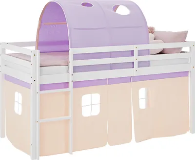 Image de Lit superposé 90x200 cm avec Matelas Lit mezzanine en Bois Pin Massif Rideau Tunnel Violet Beige Sommier à lattes