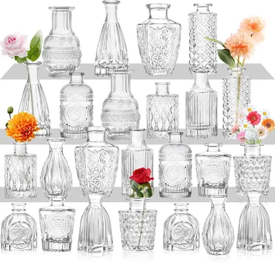 Produktbild von Vase Glasknospenvasen-Set mit 24 Stück – transparente Knospenvasen für Blumen, Tafelaufsätze und Mini-Vintage-Tischdekoration (24 Stück)
