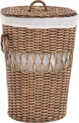 A round rattan laundry basket with a white fabric liner and lid, shown against a white background.