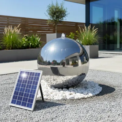 Produktbild von CLGarden Solar Gartenbrunnen für außen 48 cm Edelstahl Kugel poliert, Solarpumpe mit Akku & LED Beleuchtung, Springbrunnen