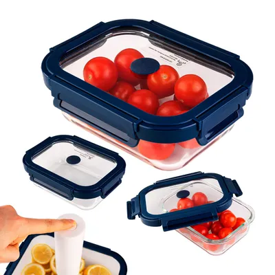 Several glass food storage containers with blue lids are displayed, some filled with cherry tomatoes and others with lemon slices. A hand is shown pressing a button on a white pump, likely for vacuum sealing.