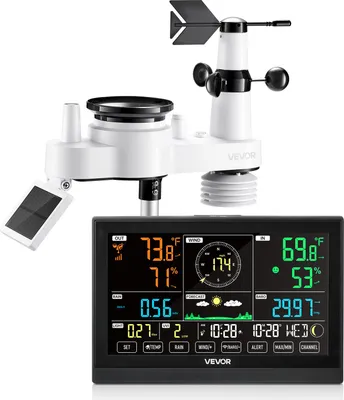 A white weather station with a solar panel and a digital display showing weather data.