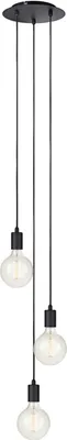 A black pendant light fixture with three exposed bulbs hanging from a circular canopy.
