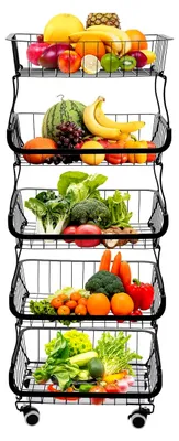 Produktbild von Gemüseregal für die Küche, stapelbarer Obstkorb mit 5 Etagen, 4 Rädern und Wasserschale, 41x29x112cm, Schwarz