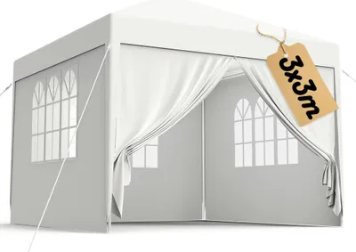 A white party tent or gazebo with arched windows and draped curtains.
