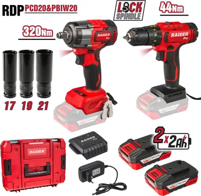 Obrázok produktu pre Sada aku príklepová vŕtačka 44Nm a rázový uťahovák 1/2", 320Nm, 2× akumulátor 2Ah Raider Pro