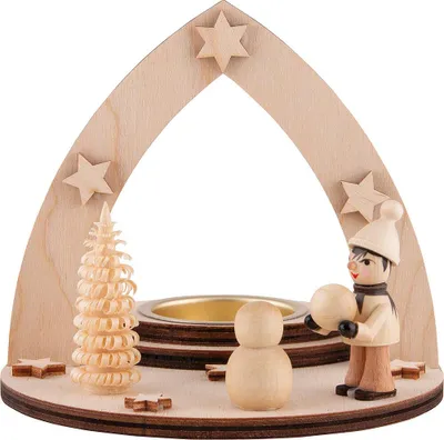 Produktbild von Teelichthalter Winterkind Schneemann bauend (11,5cm) von Weigla Holzkunst