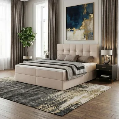 Produktbild von Boxspringbett AUREN 200x200 mit Bettkasten inkl. Bonellmatratze H3 und Topper – Polsterbett Stoff ASTI Creme